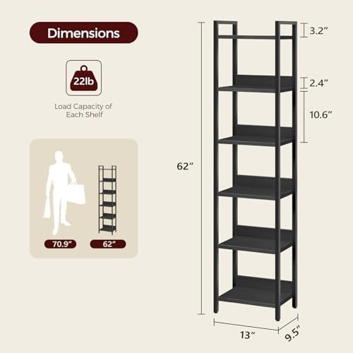 MAHANCRIS Bookshelf, 6-Tier Bookcase, Standing Book Shelf for Small Space, Storage Shelf Organizer, for Living Room, Bed