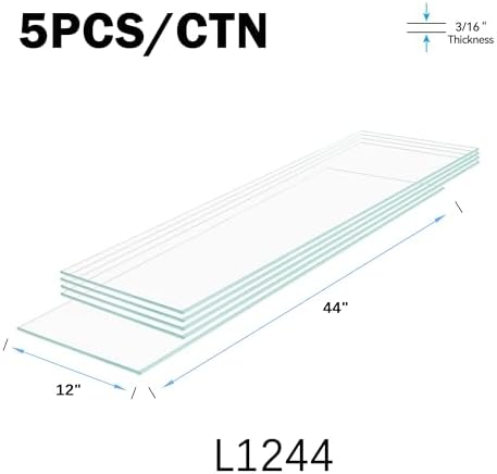 12" x 44" - 5-Pcs Tempered Glass Rectangular Shelves - 3/16" Thick - Home & Office Storage Racks