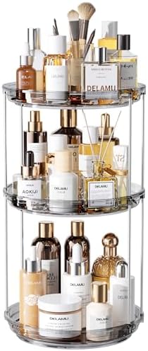 Delamu 3 Tier Rotating Makeup Organizer for Vanity, Skincare Organizer for Bathroom Counter, Spinning Perfume Organizer 