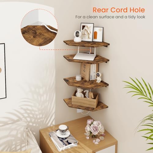 Homode Corner Shelf Wall Mount, Set of 4 Floating Corner Shelves with Cord Hole for Cable Box, Wood Corner Hanging Shelv