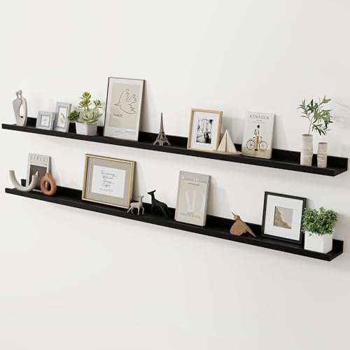 Acovy Long Floating Shelves for Wall, 72 inch Solid Wood Picture Ledge Shelf, Picture Shelf for Wall with Ledge, Floating Book Shelves for Living Room Bedroom Kitchen Nursery Decor, Black, Set of 2