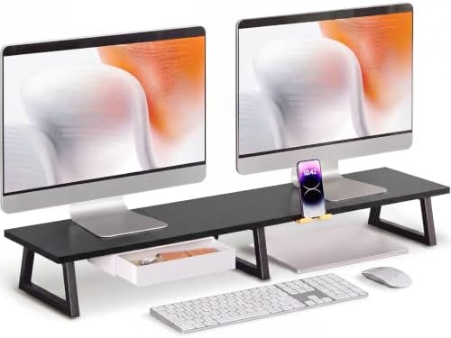 TEAMIX 42 inch Dual Monitor Stand with Storage Drawer & Phone Holder, Black