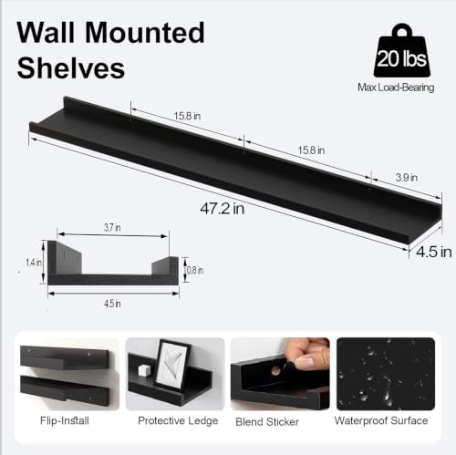 Black Floating Shelves for Wall Decor, 48 in Shelf with Lip Set of 2