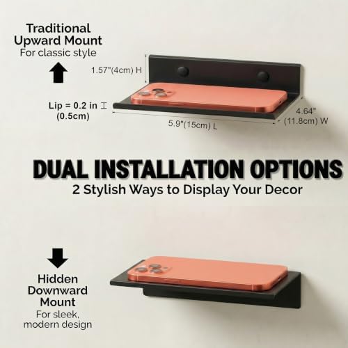 Z metnal 2 Pack 6 Inch Metal Floating Shelves with Safety Lip, Small Wall Mounted Shelf Holds Up to 5 Lbs, Matte Black L