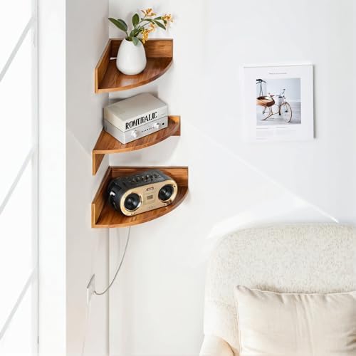 Demigo Corner Shelf Wall Mount Set of 3, Solid Acacia Wood Round Floating Corner Shelves for Storage and Display, Hangin