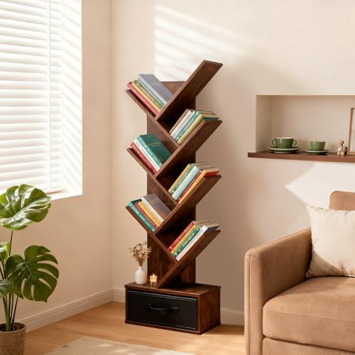 DUMOS 7 Tier Tree Bookshelf, Small Bookcase with Storage Cabinet
