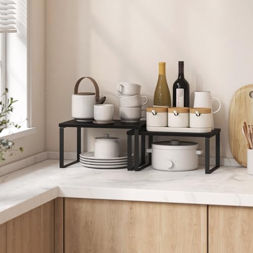 Kitchen Cabinet Organizer Shelf Set of 4, Sturdy Kitchen Counter Shelves with Metal Legs, Stackable Expandable Wood Spic