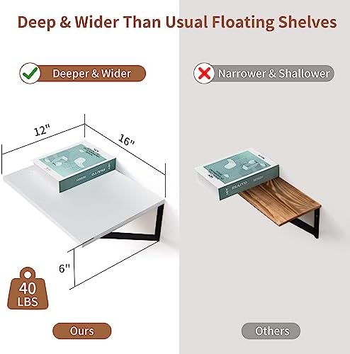 Axeman Deep Floating Shelves - 16 Inch Wide x 12 Inch Deep White Wall Shelves Set of 2-12 Inch Deep White Wood Shelves f