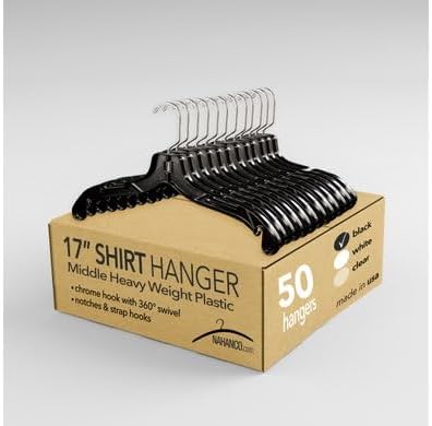 NAHANCO 17” Black Mid-Heavyweight Plastic Hanger, Chrome Hook, 50 Pack