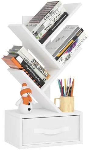 SHEEPAM 4-Tier Tree Bookshelf Small Bookcase with Drawer