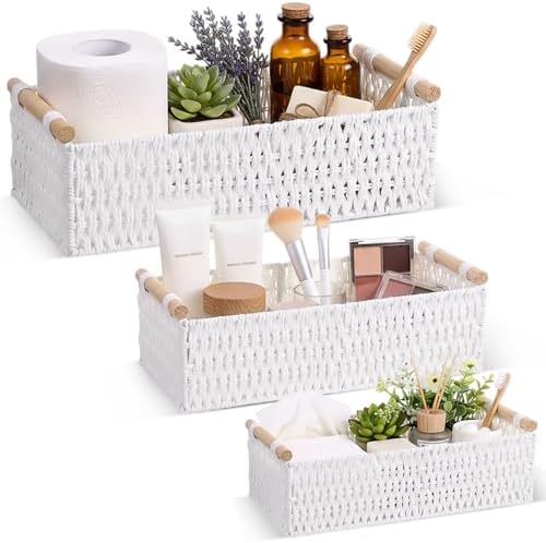 Boao 3 Pcs Boho Storage Wicker Baskets Handmade Woven Decorative Paper Rope Baskets for Organizing with Handle Counterto
