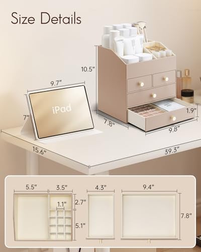 VLANDO Makeup Brush Holder with 4 Drawers,Toffee