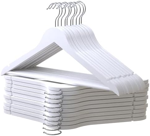 PORTENTUM Wooden Hangers, Pack of 20, White. 360º Swivel Hook, For All Types of Clothes, Trouser Hangers, Non-Slip Hange