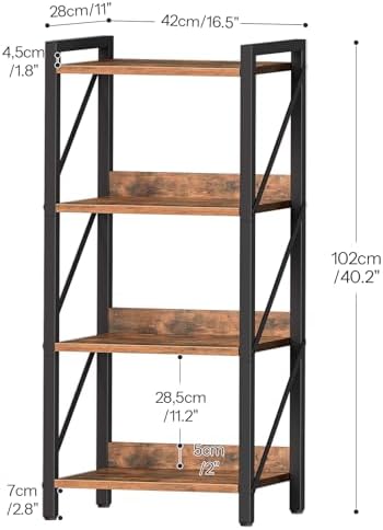 HOOBRO Bookshelf, 4-Tier Industrial Bookcase, Book Shelf Storage Organizer, Small Bookshelf with Metal Frame for Living 