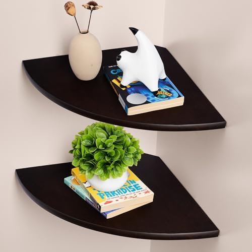 Gieanoo Floating Corner Shelves Set 2 16inch Walnut Solid Oak Rounded Corner Shelves Wall Mounted with Cable Hole Wood C