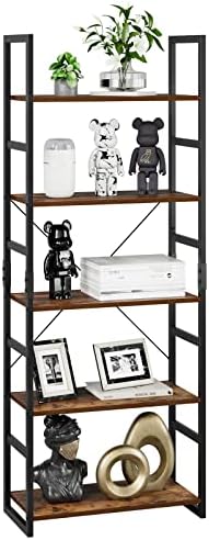 5 Tier Industrial Bookshelf, Modern Storage Shelf Organizer Wood Look Bookcase, Metal Frame Shelving Unit for Bedroom, L