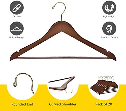 Quality Wooden Hangers - Slightly Curved Hanger 20-Pack Sets - Solid Wood Coat Hangers with Stylish Chrome Hooks - Heavy-Duty Clothes, Jacket, Shirt, Pants, Suit Hangers Walnut - Gold Hook