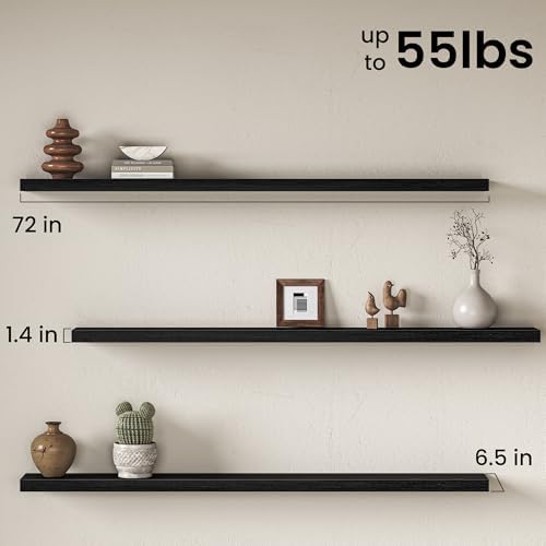72 Inch Floating Shelves for Wall, Rustic Wood Wall Mounted Deep Storage Shelves with Invisible Brackets, Panoramic Deco