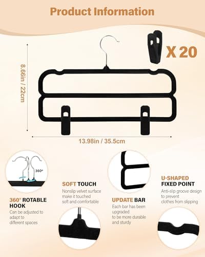 WJWSKI Velvet Pants Hangers with Double Non Slip Bar - with Adjustable Clips- Thin Space Saving Clothes Hanger - 360° Swivel Felt Trouser Hanger Perchas Terciopelo 10 Pack (Black)