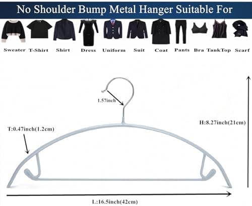 16.5 Inch Metal Clothes Hanger with Non-Slip Rubber Coating, No Shoulder Bumps & No Marks, for Sweaters, T-Shirts, Suits with Pants Bar, Pack of 10, Silver