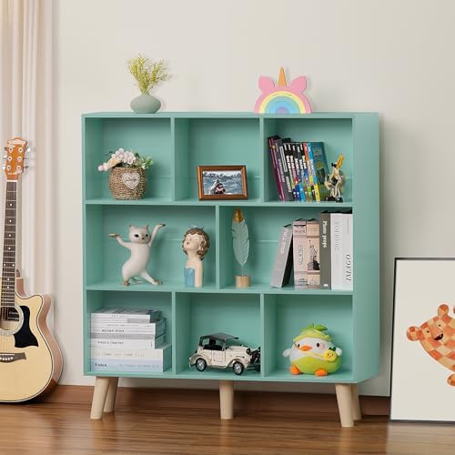 LEYAOYAO 8 Cube Bookshelf, Mid-Century Modern Book Shelf with Legs, Green