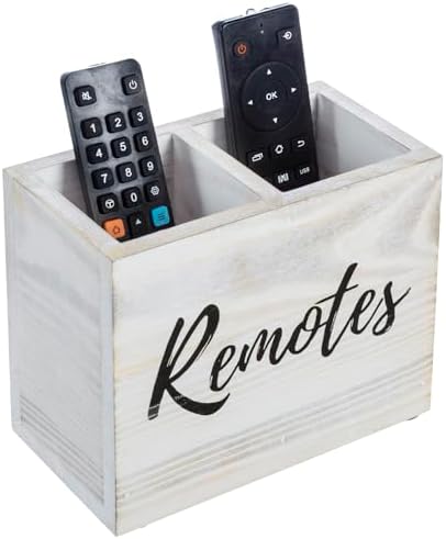 MyGift TV Remote Control Holder Organizer, Wood DVD Remote Caddy Storage for Table, 2 Large Compartment, Shabby Whitewashed Solid Wood with Black Cursive Remotes Label