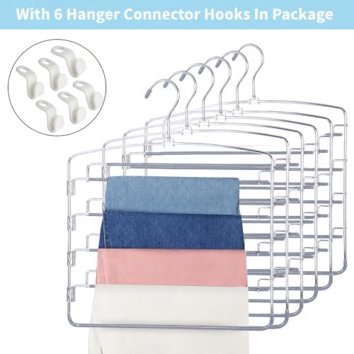 Pants Hangers 6 Pack 5 Layers Multi Functional Pants Rack Swing Arm Space Saver Hanger for Trousers Jeans Towels Scarf （Grey）