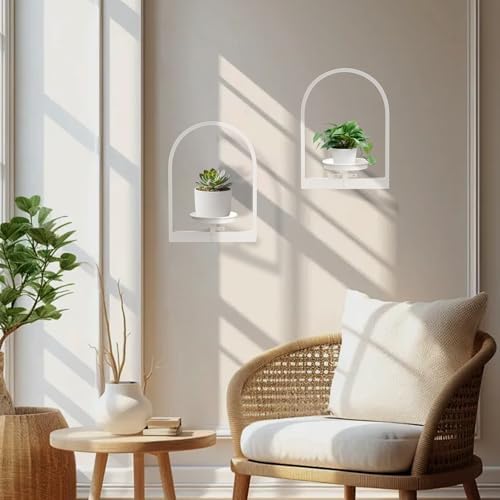 Floating Shelves for Wall Plant Stand Indoor Set of 2, White Wall Plant Holder - Premium Metal Hanging Plant Holder for 