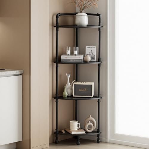 Aduanbang Fun Memories 4-Tier Corner Shelf Stand, Grey Storage Bookshelf for Bathroom, Living Room, Kitchen, Home Office