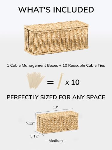 Cable Management Box, Cord Organizer with Lid & Cable Ties - Natural, M