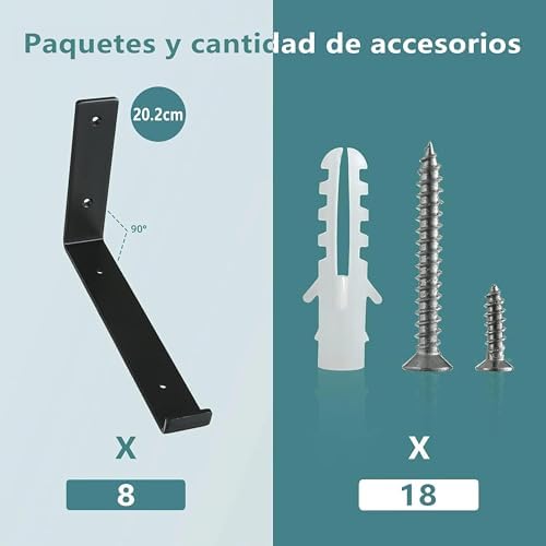 HEART ART Black Shelf Bracket 8 inch, J Metal Heavy Duty Shelf Support Brackets 8 Pack，8.3" L×4" H×1.5" W.