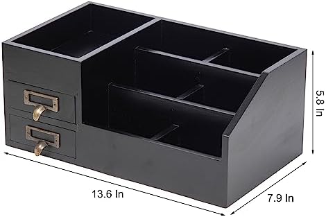 Distressed Rustic Wooden Office Desktop Organizer Wood Shelf Tabletop Home Organizer Storage with Multiple Compartments 2 Tier Drawers,perfect Jewelry storage Display Box for Desk, Vanity (Black)