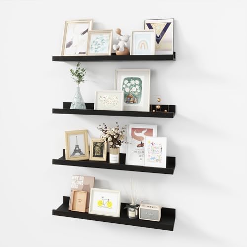 Acovy 24 inch Picture Ledge Shelf, Wood Floating Shelves Set of 4, Black