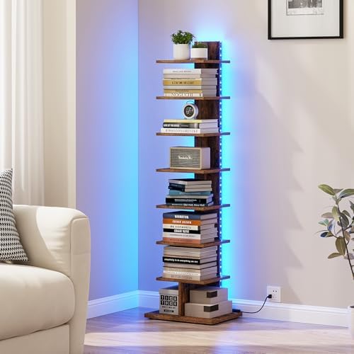 TUTOTAK Book Shelf, Narrow Spine Bookshelf, 8-Tier Bookcase with LED Lights