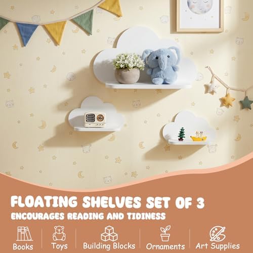 Floating Cloud Shelves,Set of 3 Wall Mounted White Wavy Shelves