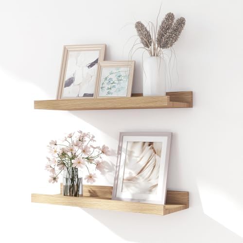 Oak Floating Shelves for Wall Decor, 14 in Shelf with Lip Set of 2