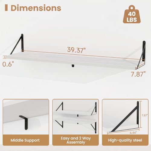 Heimlove Floating Book Shelves for Wall,39.37Inches Long Wall Mounted Bookshelves,Heavy Duty Bracket Shelves for Living 