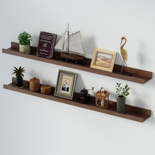 SAUMONIERES Picture Ledge Shelf Floating Book Shelves Set of 2 Wall Mounted Solid Wood for Bedroom Bathroom Living Room 