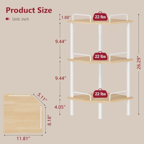 Tajsoon 3 Tier Corner Shelf Stand, Small Corner Table, Natural & White