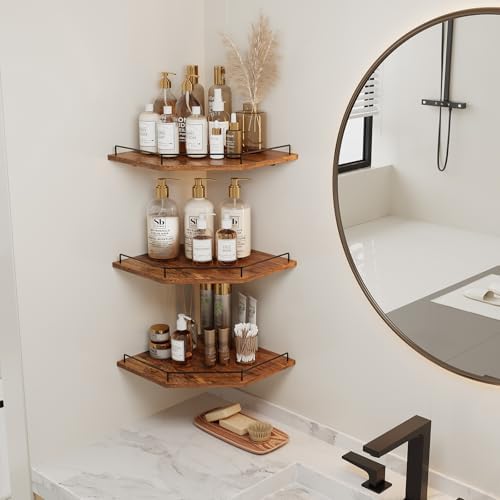 JJL Corner Shelf Wall Mounted, 12 Inches 3-Tier Floating Corner Shelf, Hexagon Rustic Wood Decor with Fence, Brown Stora