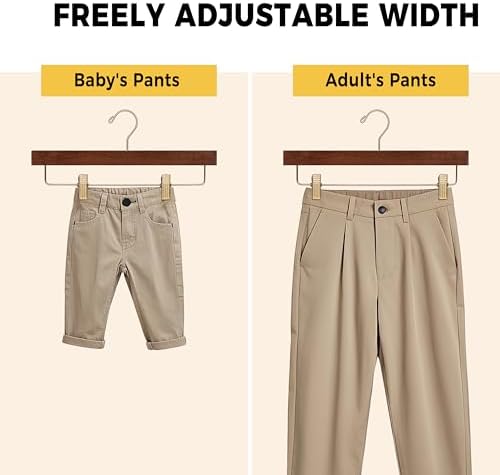 Quality Hangers Wooden Pants Hangers - 100-Pack Swivel Hook Cloth Hanger Set - Lotus Wood Skirt, Pant, Shorts and Slack Hangers with Adjustable Clip – Clothing Hanger Set (Walnut - Gold Hook, 100)