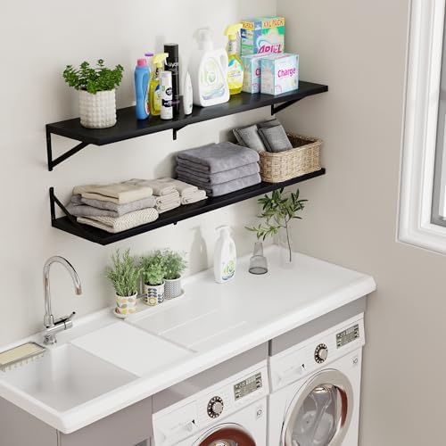 Axeman Floating Shelves for Wall Black- 48 Inch Wide x 12 Inch Deep Wall Shelves Set of 2 - Black Deep Wood Floating She