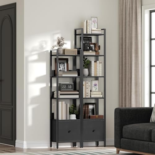 MAHANCRIS Bookshelf, 5-Tier Bookcase with Drawer, Small Book Shelf for Small Space, Storage Shelf Organizer, for Living 