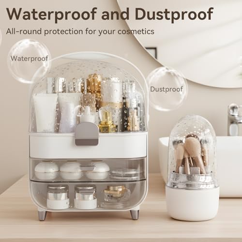 Makeup Organizer for Vanity with Brush Holder, Lid and 2 Drawers, Sliver