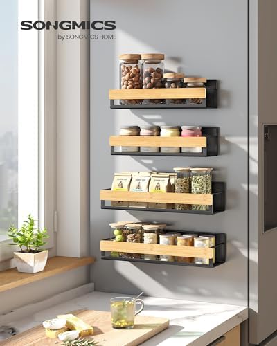 SONGMICS 4-Pack Strong Magnetic Real Bamboo Spice Racks for Fridge