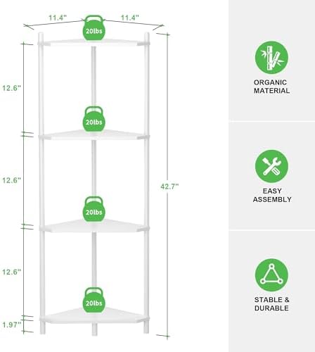 Wisuce White Small Corner Shelf Stand, 4-Tier Bamboo Corner Bookshelf