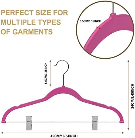 80 Pack Pink Quality Plastic Non Velvet Non-Flocked Thin Compact Coat Hangers with Metal Clips for Skirts Pants Blouses 360° Swivel Hook