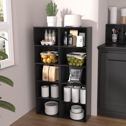 Wooden 5 Cube Storage Organizer, Black 5 Tier Bookcase Bookshelf Freestanding Storage Display Organizer, Versatile Cubes
