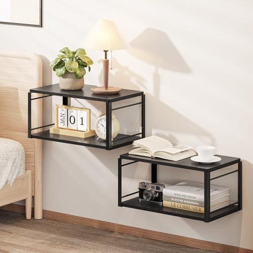 Floating Nightstand Set of 2, Wood Bedside Shelf Wall Mounted Nightstand, Floating Bedside Table for Bedroom, Living Roo
