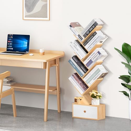 SHEEPAM 8-Tier Tree Bookshelf Floor Standing Storage Bookcase with Drawer